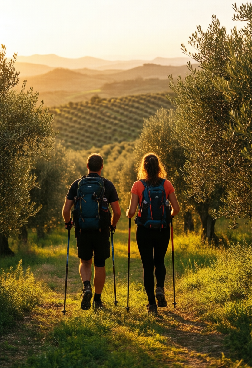 Couple Nordic walking through olive grove in southern Spain